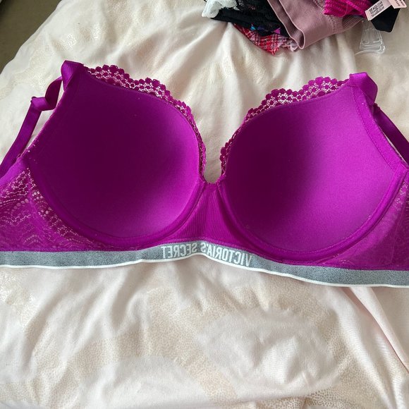 Victoria’s Secret Perfect Shape Logo Lace Bra deep pink purple size 34 DDD / 34F - Picture 8 of 13